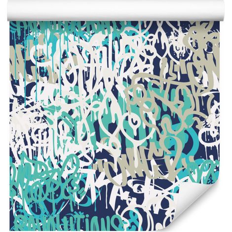 Carta da parati con graffiti nei toni del blu per soggiorno e camera da letto, 50x1000 cm. (1/5)