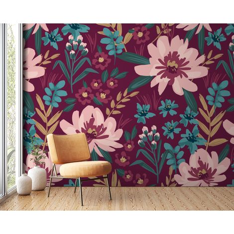 Papier peint fleuri - pivoines rétro pourpres - 150 x 250 cm (1/2)