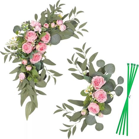 Hochzeitsbogen (Rosa) - Blumenarrangement (Großes Blumenarrangement: 85 x 40 cm, Kleines Blumenarrangement: 75 x 15 cm) - Inklusive 4 Befestigungsdrähten (1/2)