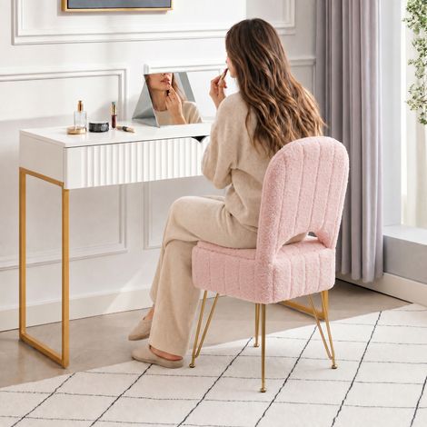 Pouf coiffeuse avec rangement et dossier rabattable, petit ottoman carré rembourré en tissu bouclé peluche, siège maquillage/chambre, pieds métal doré – Rose – Taille S – peluche fleece (1/5)