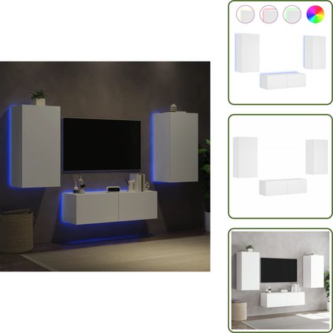 3-tlg. TV-Wohnwand mit LED-Leuchten Weiß - TV-Wandregal - TV-Einheit - Fernsehschrank - Regal Weiß - LED Beleuchtung (1/5)