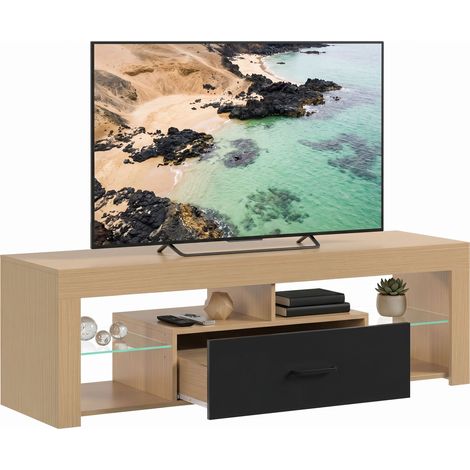 Meuble TV 140 cm, Support Télé 65 Pouces, Étagères Vitre Ajustables, Tiroir, Rangements Ouverts, Bois de Chêne (1/5)