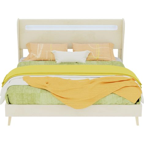 Lit double LED 160x200 cm beige avec tête de lit réglable, structure en tissu et métal, ambiance lumineuse multicolore moderne – CHICFURN (1/5)