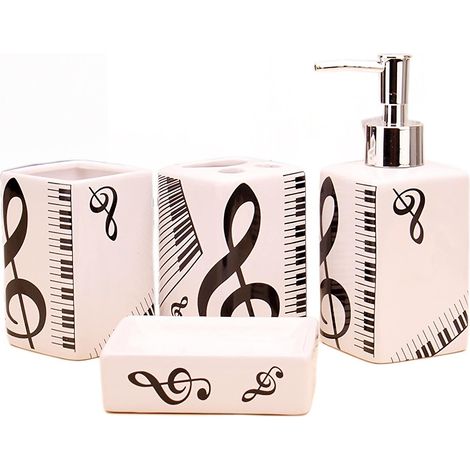 Ensemble d'accessoires de Salle de Bain Notes de Musique élégantes, Contient Une Tasse de Brosse à Dents, Un Distributeur de Savon, Un Porte-Savon, Un gobelet de Salle de Bain,Blanc,4pcs (1/5)