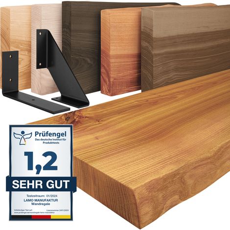 LAMO Manufaktur étagère murale en bois massif, irrégulier, étagère de rangement Basic, bois rustique / équerre blanche 90cm, LW-01-A-003-90LW