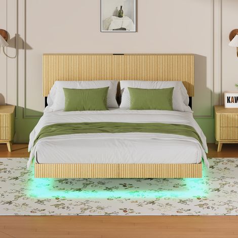 Cama doble adulta 180x200 cm natural con LED y toma integrada, MDF y metal, sin colchón MEUBLIV (1/5)
