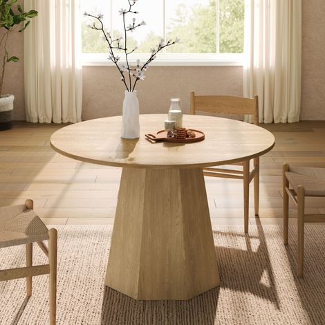 Table à manger ronde 120x120 cm pour 4 à 6 personnes, style scandinave, MDF chêne (1/5)
