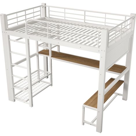 Cama alta 140x200 cm de metal blanco con LED, escritorio y almacenamiento MODENUIT (1/5)