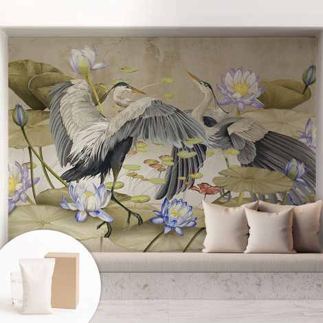 Papier peint intissé avec imprimé pour décoration intérieure pour rénovation a motif - Colle incluse gratuite Oiseaux et lys 208x146 cm (1/5)