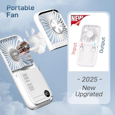 Mini ventilateur portable 5 en 1 pliable, tour de cou, de bureau, batterie externe 3 000 mAh, support de téléphone, ventilateurs personnels rechargeables USB avec écran LED numérique pour bureau, voya (1/3)
