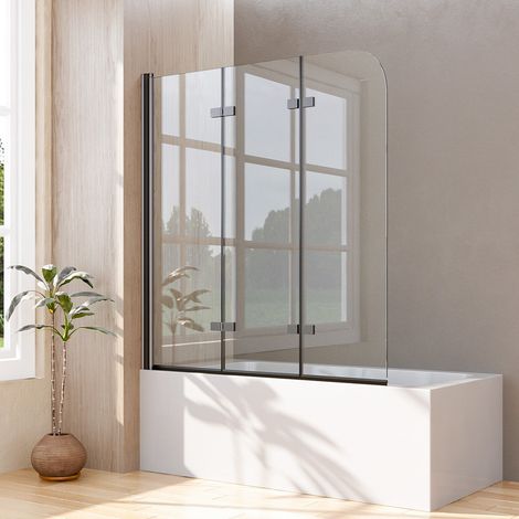 Duschwand für Badewanne Schwarz 120x140 cm 3-teilig Faltbar Badewannenfaltwand Badewannenaufsatz Duschtrennwand Duschabtrennung mit 6mm ESG Sicherheitsglas