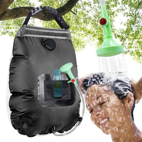 Sac de douche solaire, 20 litres, avec chauffage solaire, pour le camping Tuyau amovible, pommeau marche/arrêt, douche de voyage, douche portable,noir (1/4)
