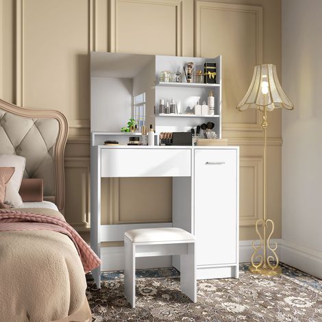Ensemble coiffeuse blanche 80x40x132 cm avec miroir, pouf, tiroir et armoire à étagères ajustables pour chambre à coucher