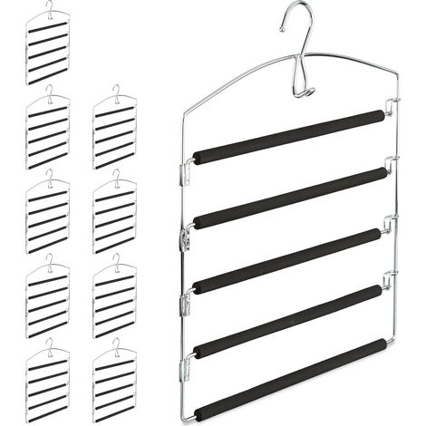 10 perchas múltiples de metal, Pantalones y faldas, Antideslizante, HxLxP: 44, 5 x 37 x 2,7 cm, plata/negro