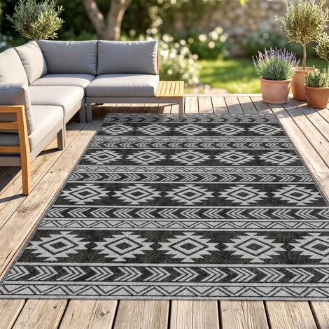 Tapis moderne pour extérieur noir et gris en PP avec design réversible et pliable, 182x274 cm (1/5)
