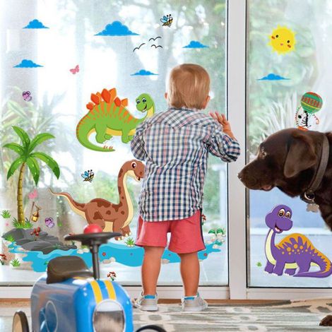 Stickers Muraux Dinosaure Autocollants Muraux Dinosaure Dessin Animé Sticker Mural Arbre Sauvage Dino pour Pépinière E (1/4)