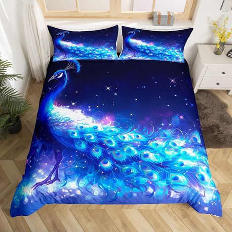 Housse de Couette 140x200 Paon Chic avec 1 Taie d'oreiller, Parure de Lit Jungle Tropicale, Sets de Housses de Couettes Oiseau Coloré, Couvre Lit Feuilles de Palmier Animaux Sauvages - 140x200cm + 1 T (1/5)