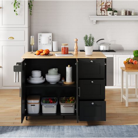Isla de cocina plegable 135 x 44(70) x 90 cm, MDF negro y natural HAVRYA (1/5)
