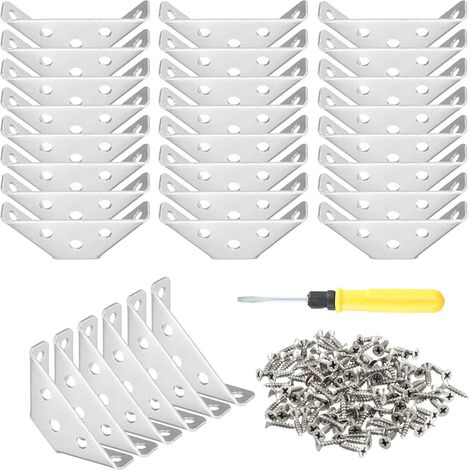 Connecteurs d'angle en Acier Inoxydable, 30 PCS Triangulaires Connecteur Dangle, Petite Équerre de Fixation pour Chaise , Équerre de Fixation Triangulaire pour Bois, Étagères, Table (Argent) (1/5)
