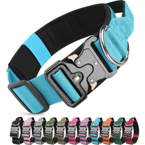 Collier de Chien Tactique, Militaire Collier Réglable Nylon Chien avec Poignée, Colliers pour Chiens Rembourré avec Boucle en Métal pour Chiens de Taille Moyenne Grand Entraînement (Bleu, XL) (1/5)
