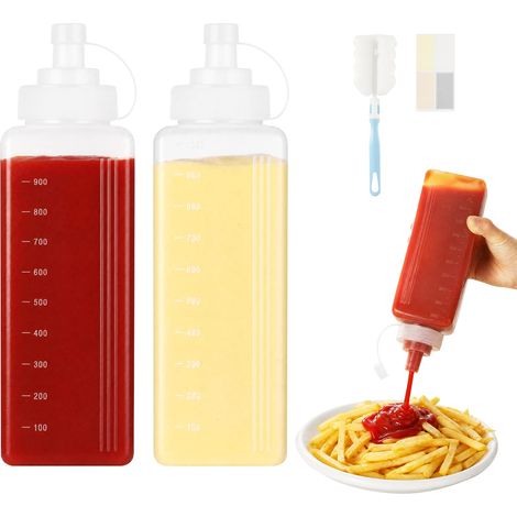 2 Pcs Bouteilles Sauce Plastique, 1000ml Bouteilles à Presser, Squeeze Bottle Anti-Fuite, Recipient Sauce, avec Autocollants et Brosse, pour Ketchup Sauce Piquante Huile d’Olive Vinaigrettes (1/5)