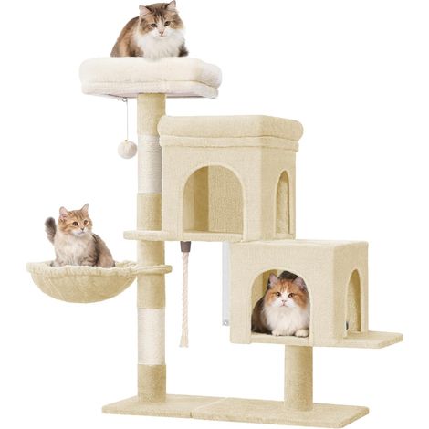 Arbre a Chat,95 cm, Spacieux et Stable, Fond Réglable, avec Grande Plateforme Souple, Pompons, Panier, Griffoir, Corde en Sisal, Beige (1/5)