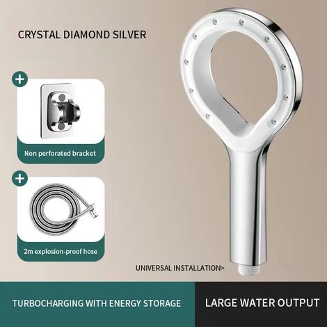 Pommeau de douche à anneau de surpression (Argent, comprend un tuyau d'eau de 2 m et un support)