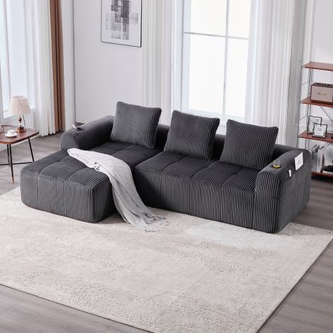 Kompakt-Sofa aus Cord – Weich, modular & alltagstauglich mit Seitentasche und Getränkehalter. Hochwertiger Komfort für langes Sitzen, inkl. 3Kissen. Ideal für Wohnzimmer, Arbeitszimmer & mehr.DarkGray