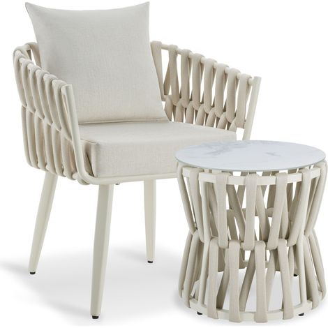 2 Pièces table chaise jardin aluminium, design corde, extérieur, beige (1/5)