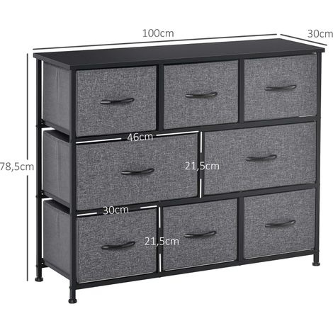 Commode 8 tiroirs en tissu gris foncé, rangement avec poignées, structure métallique, meuble moderne pour chambre ou séjour, armoire pratique à tiroirs (1/5)