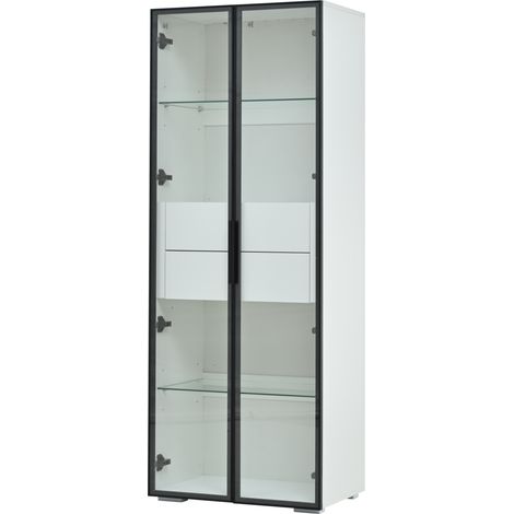 Vitrine blanche 60x40x160 cm avec porte en verre trempé, LED réglable, 2 étagères en verre et 2 tiroirs (1/5)
