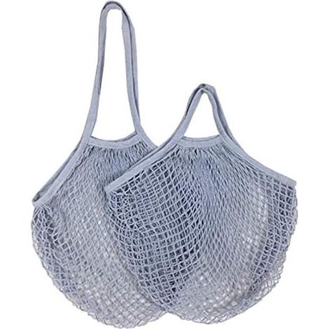 Lot de 2 sacs filet en coton réutilisables, sacs à provisions et à fruits crochetés, alternatives écologiques aux sacs jetables, pour courses et rangement, gris (1/4)