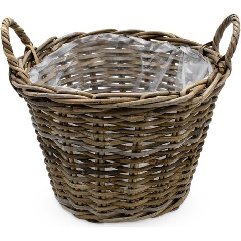 Rattan Pflanzkorb natur mit Folie - 35 cm - Weide Blumenkorb rund mit Henkeln