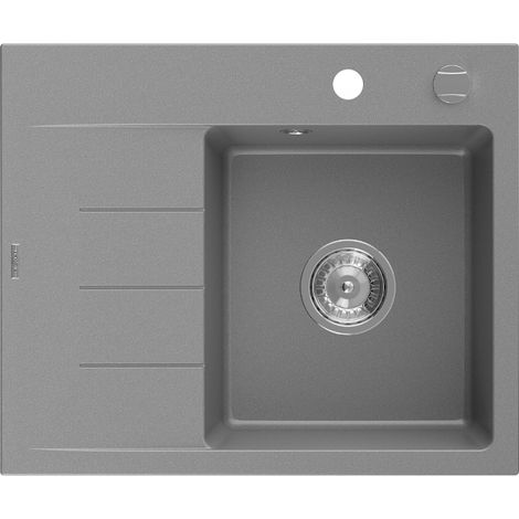 Mexen Ben évier de cuisine en granit 1 cuve avec égouttoir droit 600 x 500 mm, gris, siphon chromé - 6523605000-71 (1/5)