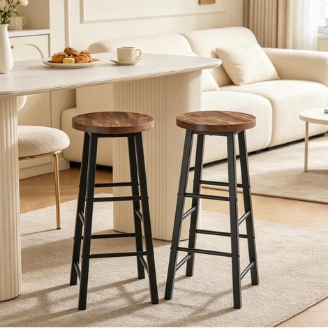 Tabouret de bar lot de 2, assise 30 cm, hauteur 71 cm, MDF et métal, noir et vintage OKMYHOME (1/4)
