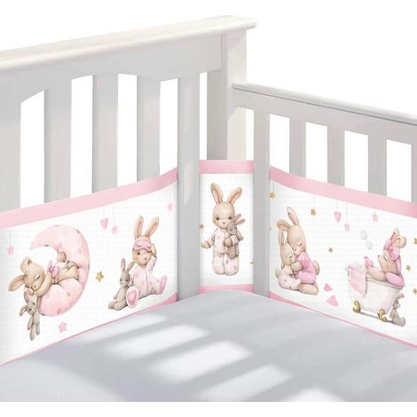 Coussin pare-chocs bébé lapin rose, protection tête de lit, 3D respirant été, amovible et lavable, anti-chocs doux. (1/5)