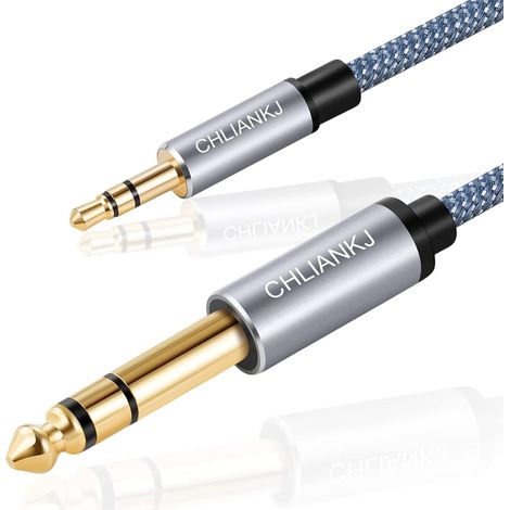 Cable para instrumentos con conector jack de 3,5" a 6,35 mm, trenzado de nailon gris, 1 m. (1/4)