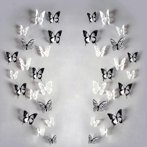 36 Pcs 3D Stickers Muraux Papillons Décoration Murale de la Chambre Décoration de Meubles Papier de Bricolage Facile à Démonter Matériaux de Protection de l'environnement en PVC Noir et blanc