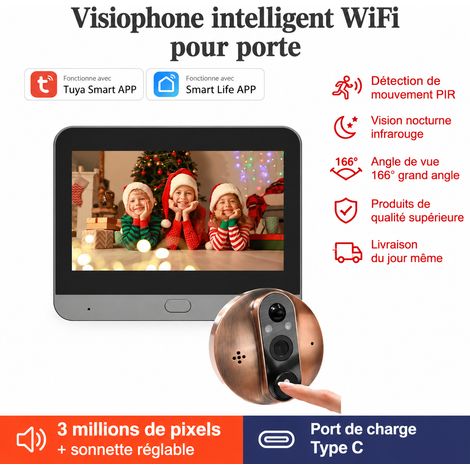 Sonnette judas numérique intelligent Tuya PD08A-C compatible Alexa et Google 2K WiFi 19,2 × 12,6 × 7,5 cm 635 g – Livraison gratuite