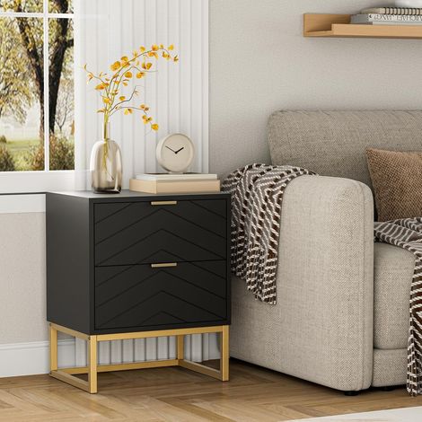 UEV Set di 2 Comodino Camera da Letto con Motivo a V, Mobile Camera da Letto con Miniglie e Piedini in Metallo, Comodino Moderno e Stabile, 46 x 33,5 x 56,5 cm, Nero