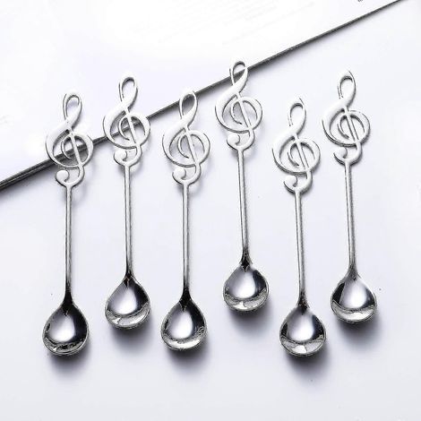 Lot de 6 cuillères à café en acier inoxydable argenté, motif notes de musique. (1/3)