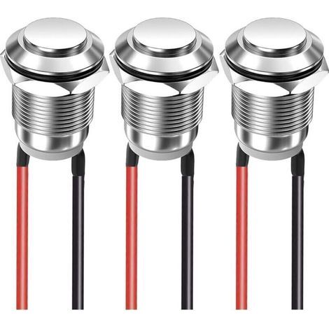 Set of 3 momentary pushbuttons, 12 mm, 2 A, 12 V/24 V/125 V/250 V, waterproof, stainless steel, on/off, with thread (upward facing) (1/4)