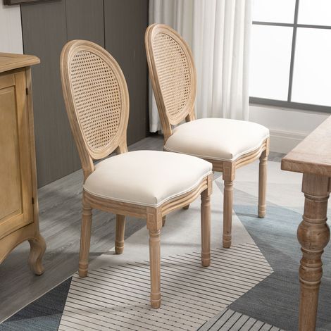 Juego de 2 sillas de salón de estilo vintage con respaldo perforado, madera y tela, 49x56x96cm, blanco crema. (1/5)