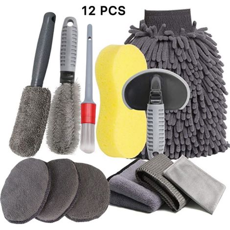 Kit di pulizia auto da 12 pezzi, kit di pulizia professionale in microfibra per autolavaggio, spazzola per ruote e cerchioni, panni per la pulizia, guanti per il lavaggio, spugna (1/5)