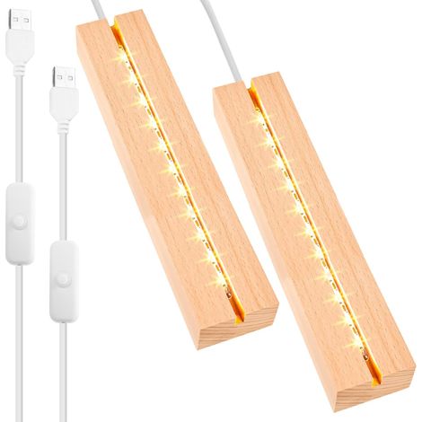 Lot de 2 bases de lumière LED en bois de 30 cm - Socle lumineux LED rectangulaire en bois - Socle lumineux en bois - Socle LED USB pour bricolage, verre, résine, plaque acrylique, 30 x 45 x 300 mm (1/5)