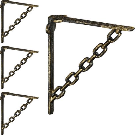 Relaxdays Set 4x Shelf Brackets, Cast Iron, Rack Support, Chain Motif, HWD: 18 x 4 x 21.5 cm, Angle for Shelves, Bronze