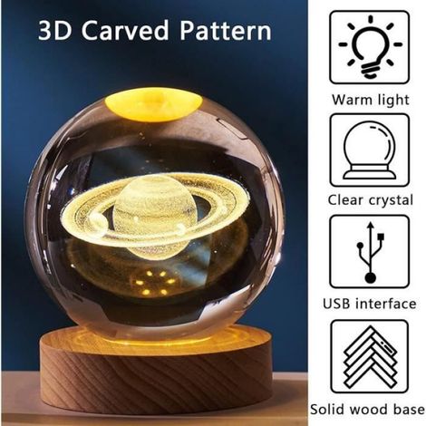 Veilleuse - - Boule de Cristal LED 3D - Verre - Bois Massif - Rechargeable USB (1/4)
