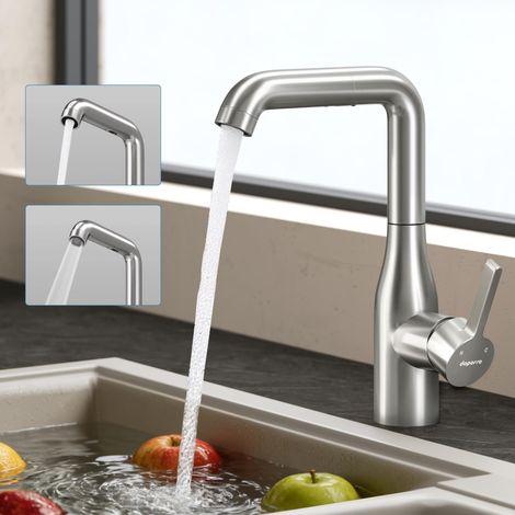doporro Rubinetto per Cucina, 2 Modalità con Doccetta Estraibile, Rubinetto Lavello Cucina in Acciaio Inossidabile 304 con Cartuccia Ceramica, Tubi e Accesorri, Argento, Turnix-04 (1/5)