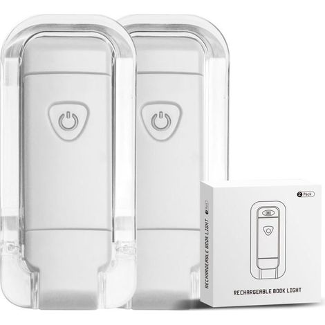 Lot de 2 lampes de lecture à pince rechargeables par USB, 3 niveaux de luminosité, protection des yeux, idéales pour les voyages, blanches (1/5)