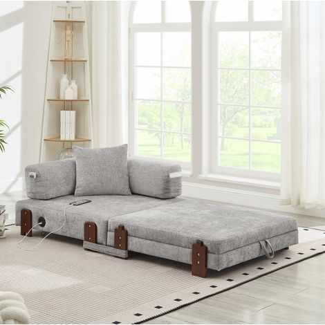Canapé convertible in tessuto grigio chiaro 2 in 1 con porta USB/Type-C e vano contenitore (1/5)